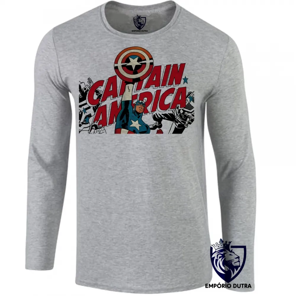 Camiseta manga longa Infantil ou Adulto Capitão América super heroi marvel
