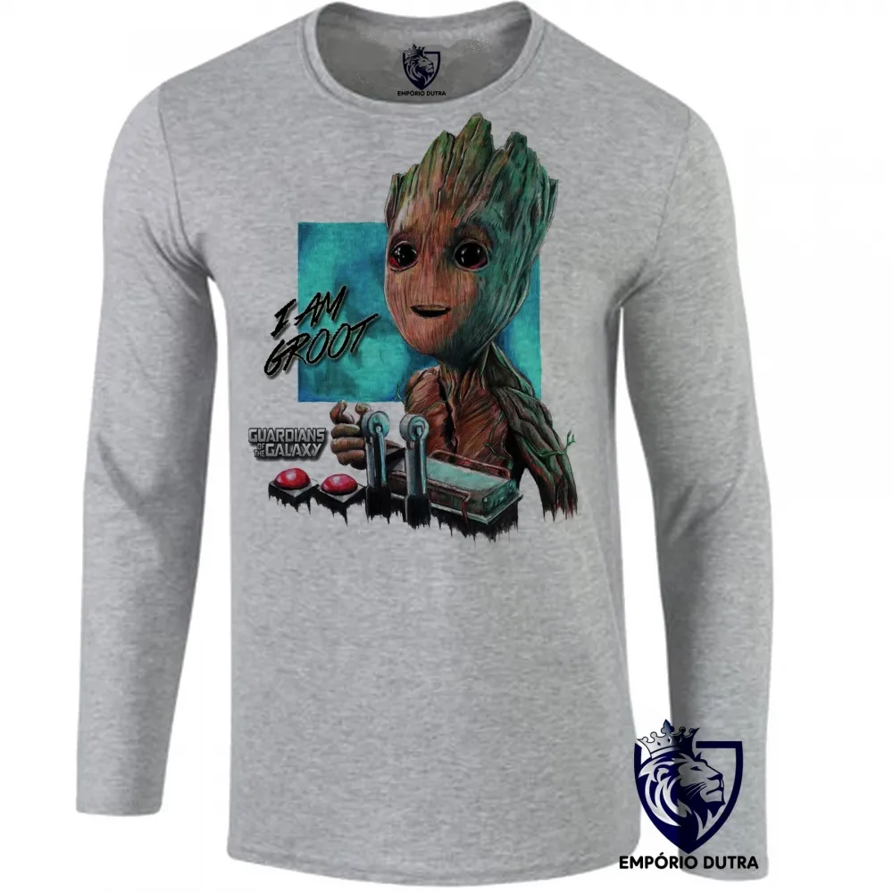 Camiseta manga longa Infantil ou Adulto Groot Guardiões da Galáxia controle Imagem