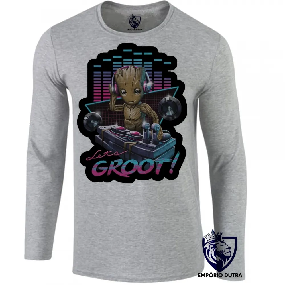 Camiseta manga longa Infantil ou Adulto Groot lets musica dj marvel Imagem