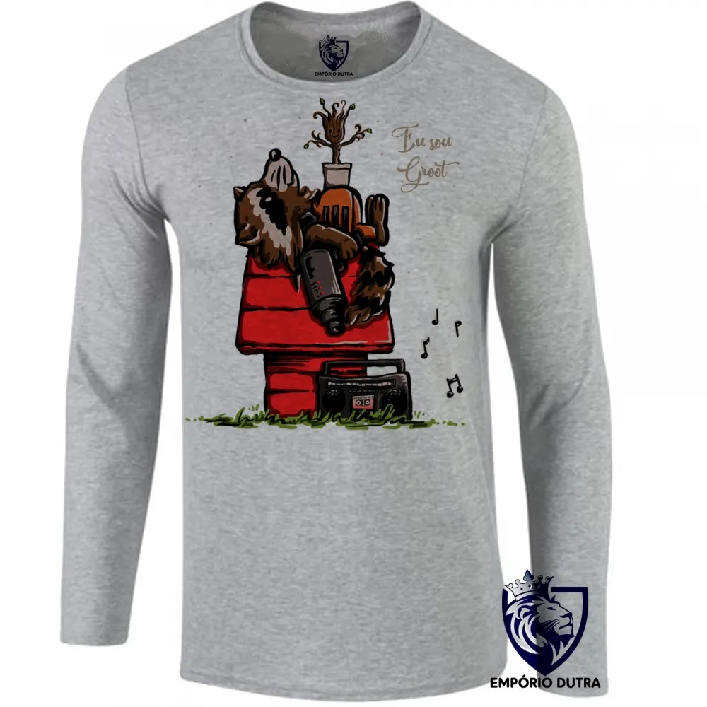 Camiseta manga longa Infantil ou Adulto Guardiões da Galáxia Rocket Groot Snoopy