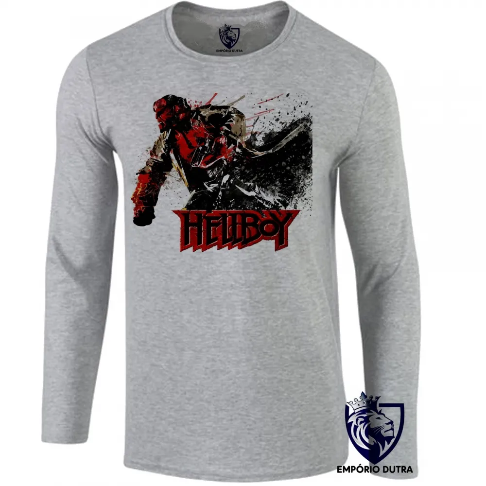 Camiseta manga longa Infantil ou Adulto Hellboy ataque super herói Imagem