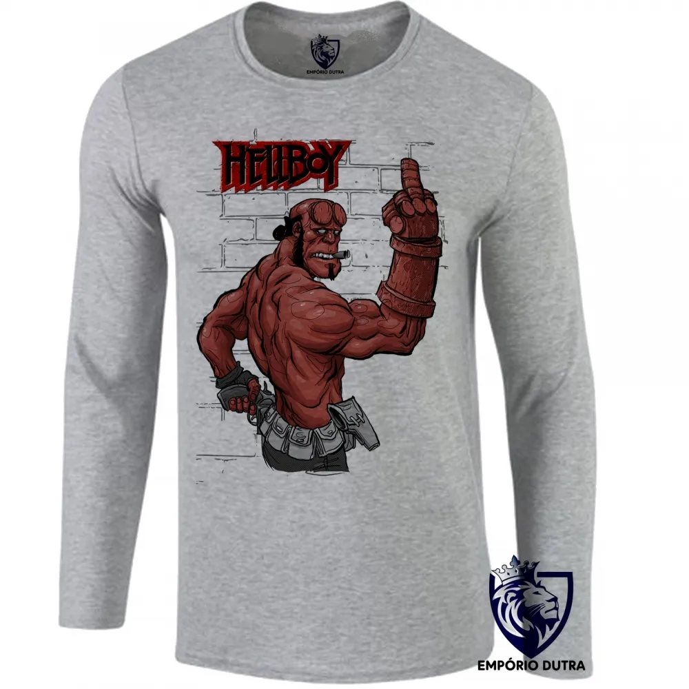 Camiseta manga longa Infantil ou Adulto Hellboy dedo do meio parede Imagem