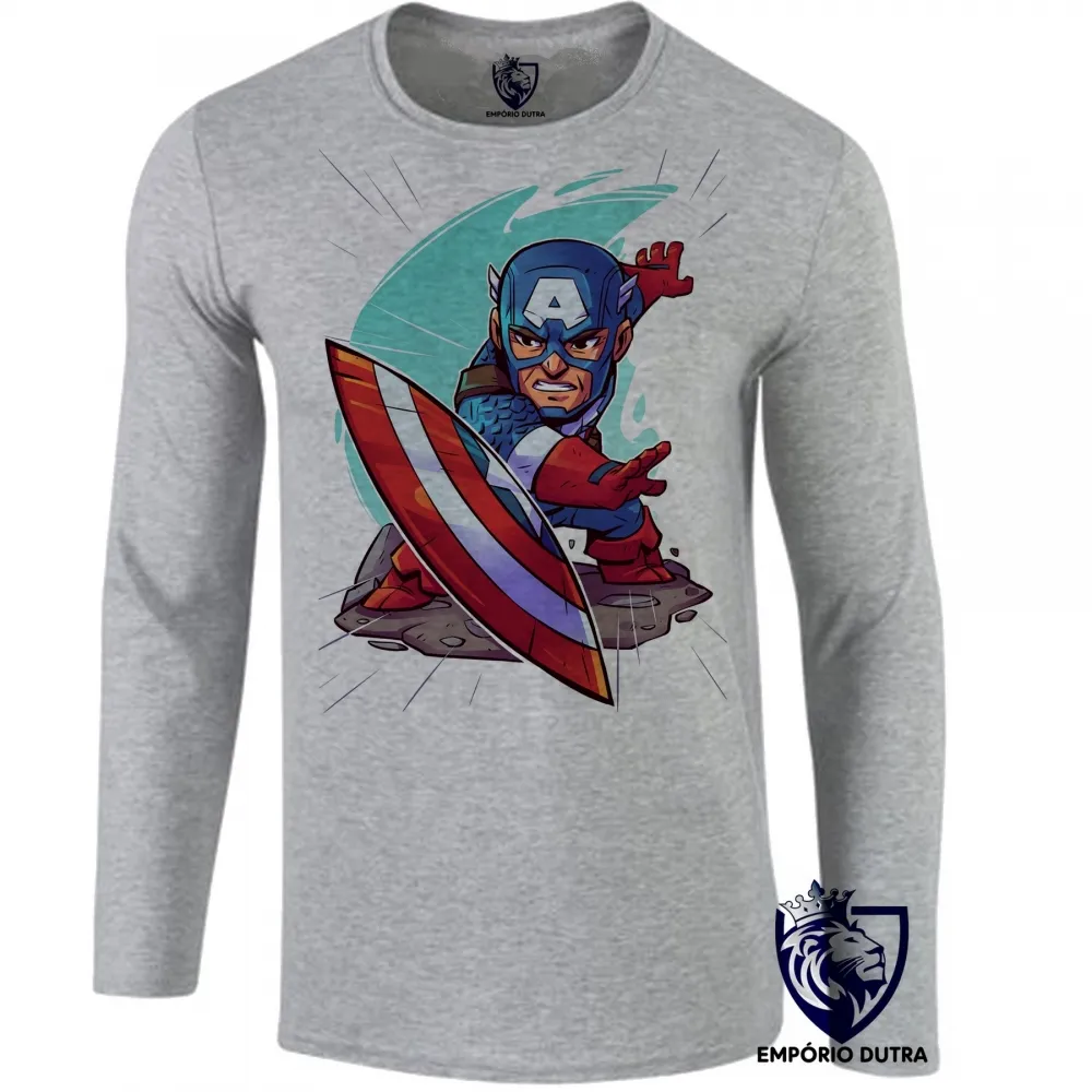 Camiseta manga longa Infantil ou Adulto capitão america geek avengers Imagem