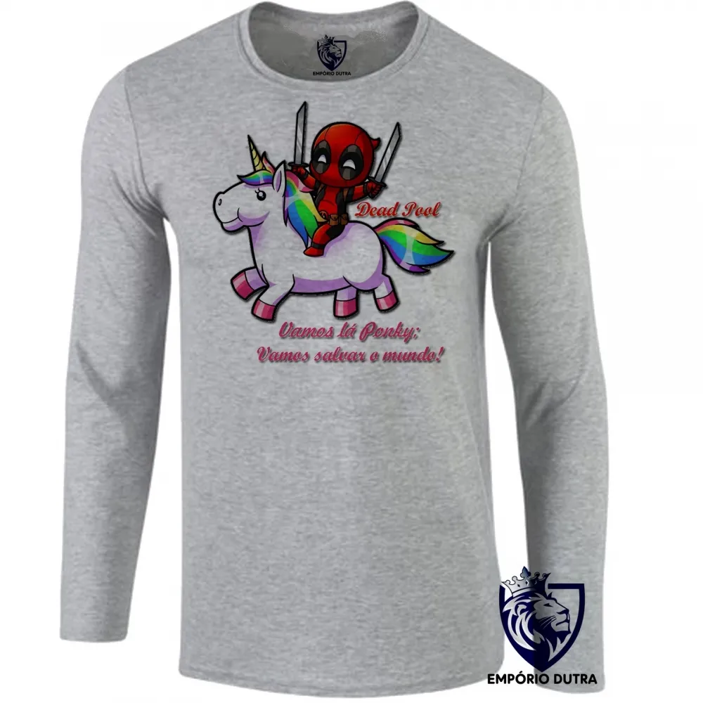 Camiseta manga longa Infantil ou Adulto Dead Pool e unicórnio Ponky Imagem