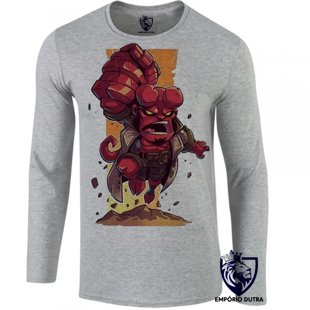 Camiseta manga longa Infantil ou Adulto HELLBOY super herói vermelho