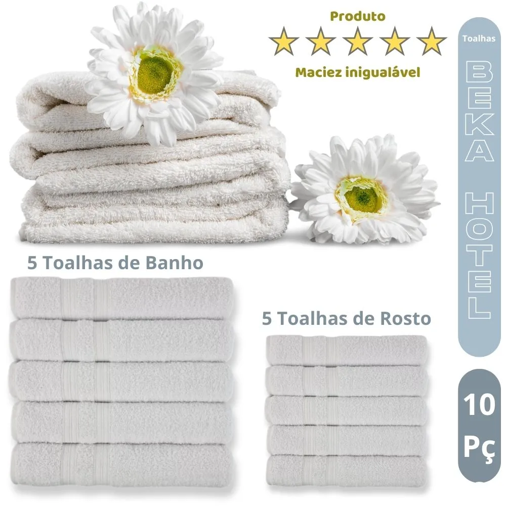 Kit 10 Toalhas para Hoteis Super Grossa Felpuda e Macias 5 Toalhas  Banho e 5 Toalhas Rosto 100% Algodão Beka Luxo Branco