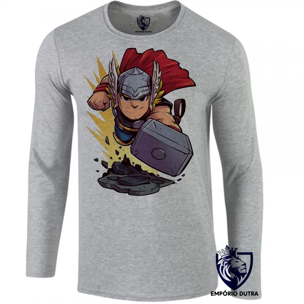 Camiseta manga longa Infantil ou Adulto THOR marvel martelo super heroi Imagem