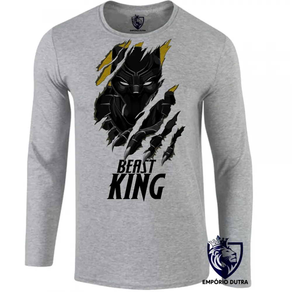 Camiseta manga longa Infantil ou Adulto Pantera Negra black panther beast king