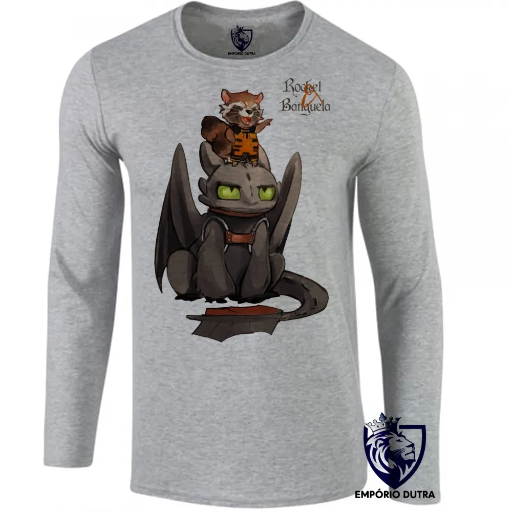 Camiseta manga longa Infantil ou Adulto Rocket guardiões galaxia Banguela dragão