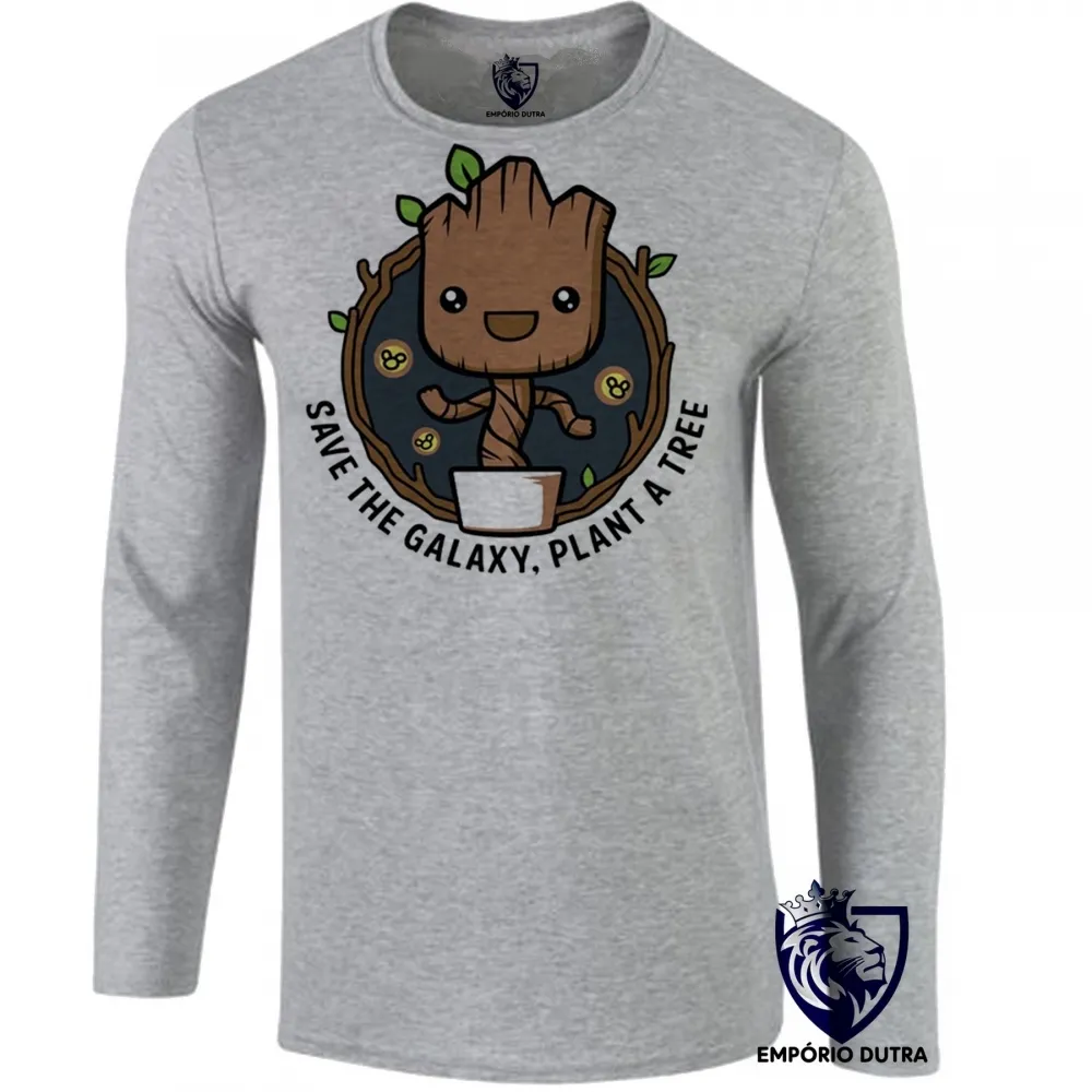 Camiseta manga longa Infantil ou Adulto Salve galáxia plante um groot árvore
