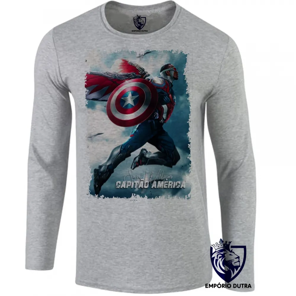 Camiseta manga longa Infantil ou Adulto Sam Wilson Cap Falcão e o Soldado Invernal