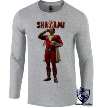 Camiseta manga longa Infantil ou Adulto Shazam super heroi
