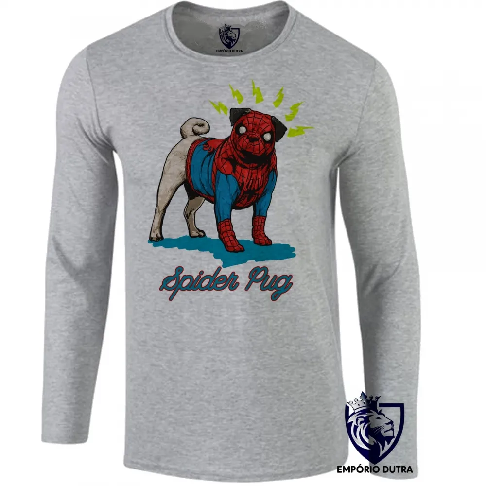 Camiseta manga longa Infantil ou Adulto Spider Pug homem aranha cachorro