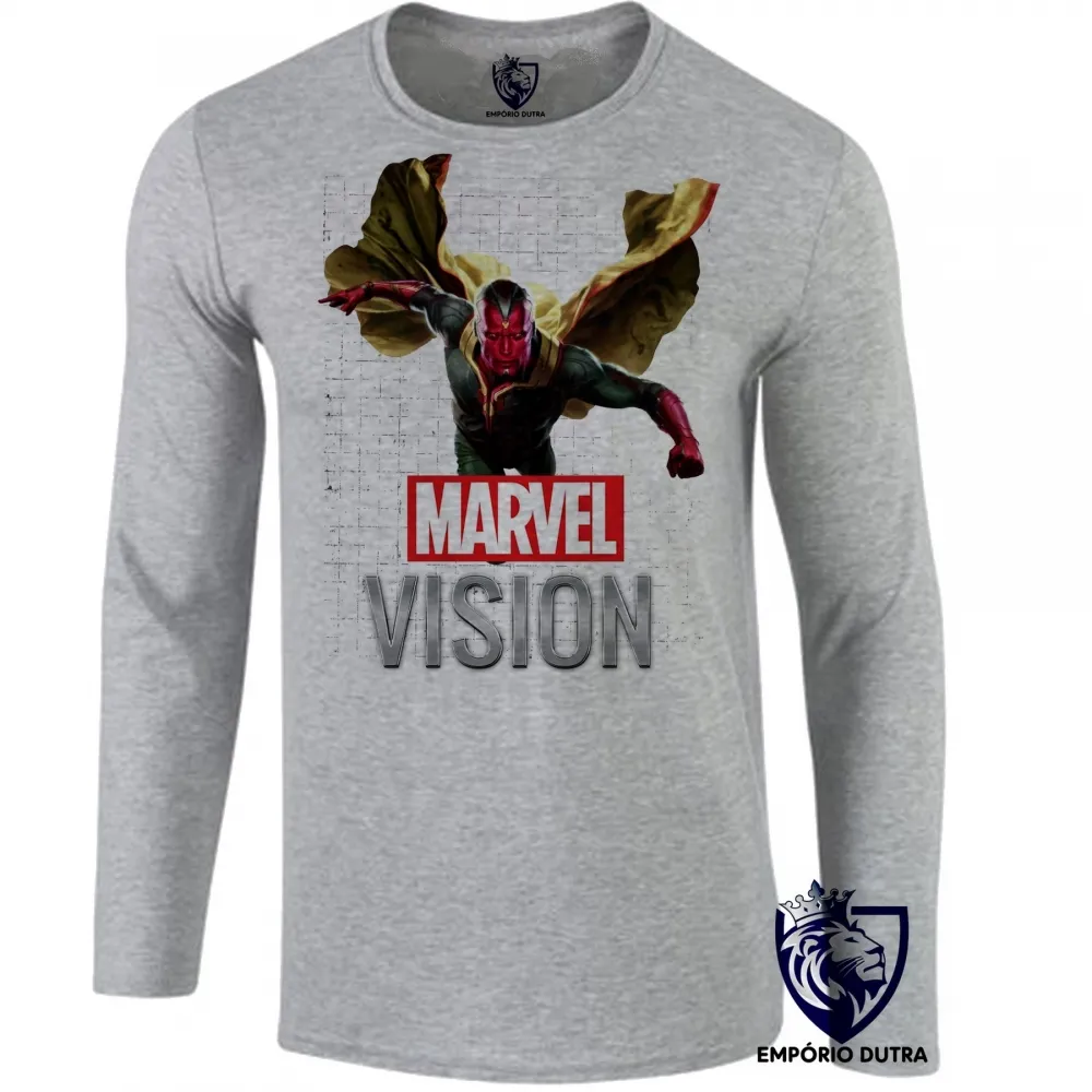 Camiseta manga longa Infantil ou Adulto Vision Marvel voando visão vingadores avengers