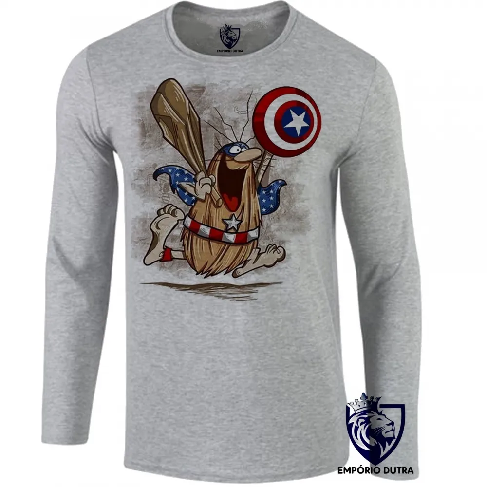 Camiseta manga longa Infantil ou Adulto capitão caverna escudo america desenho antigo