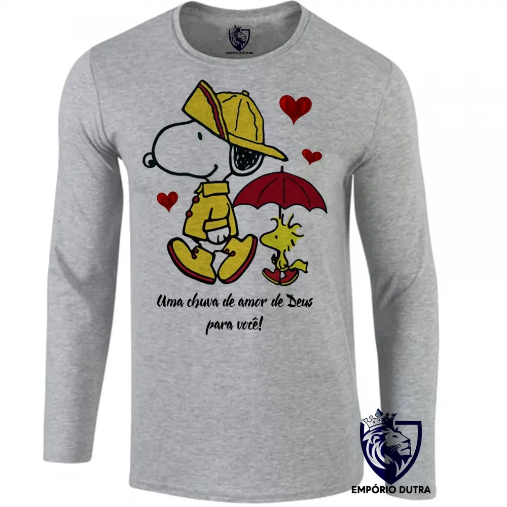 Camiseta manga longa Infantil ou Adulto Chuva de amor de Deus Snoopy