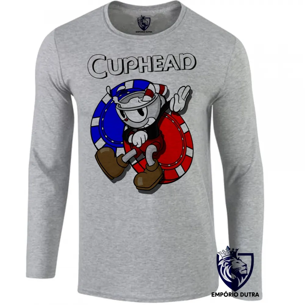 Camiseta manga longa Infantil ou Adulto Cuphead azul vermelho jogo game Imagem