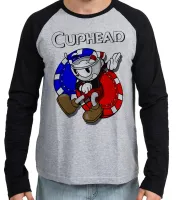 Camiseta manga longa Infantil ou Adulto Cuphead azul vermelho jogo game - Foto 2