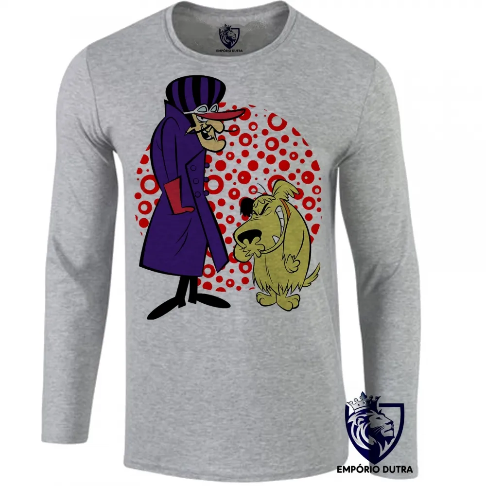 Camiseta manga longa Infantil ou Adulto Dick Vigarista Mutley corrida maluca