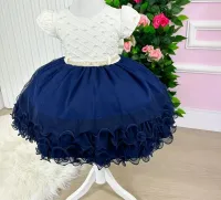 Vestido Festa Off-White / Marinho  Menina Bonita