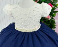 Vestido Festa Off-White / Marinho  Menina Bonita - Foto 3
