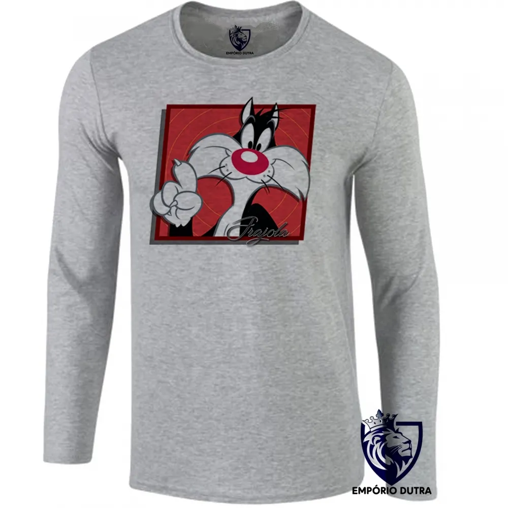 Camiseta manga longa Infantil ou Adulto Frajola gato cat quadrado vermelho Imagem