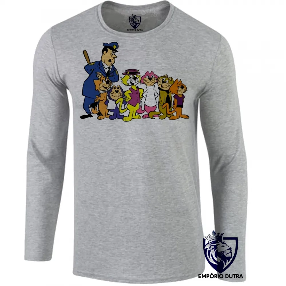 Camiseta manga longa Infantil ou Adulto gato manda chuva guarda belo top cat