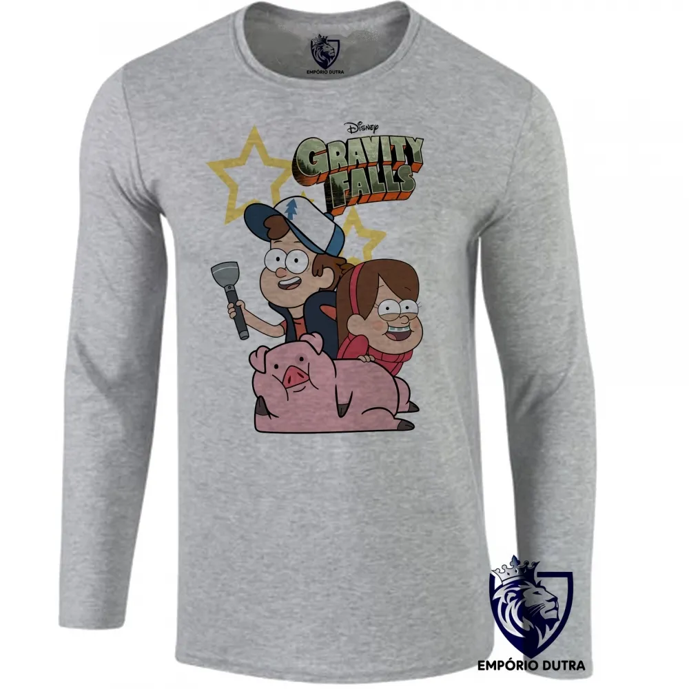 Camiseta manga longa Infantil ou Adulto Gravity Falls estrelas Dipper Mabel