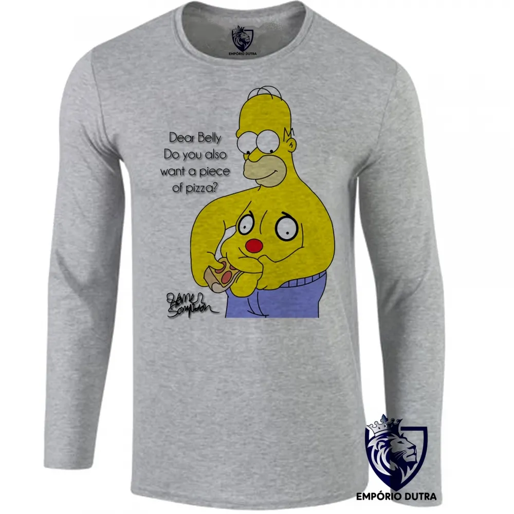 Camiseta manga longa Infantil ou Adulto Homer Simpsons pizza barriga comendo