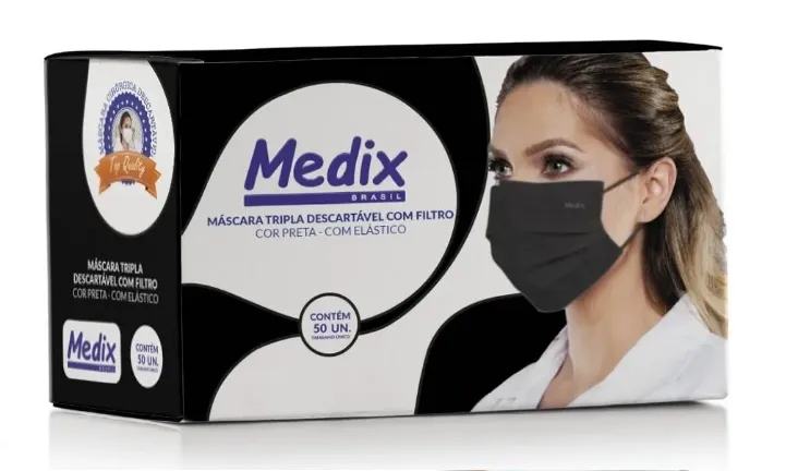 Máscara Descartável Preta Tripla Medix C/50