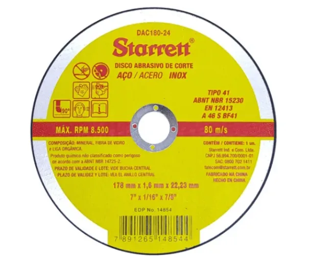 Disco de Corte Inox 7x1,6x22,23mm STARRET