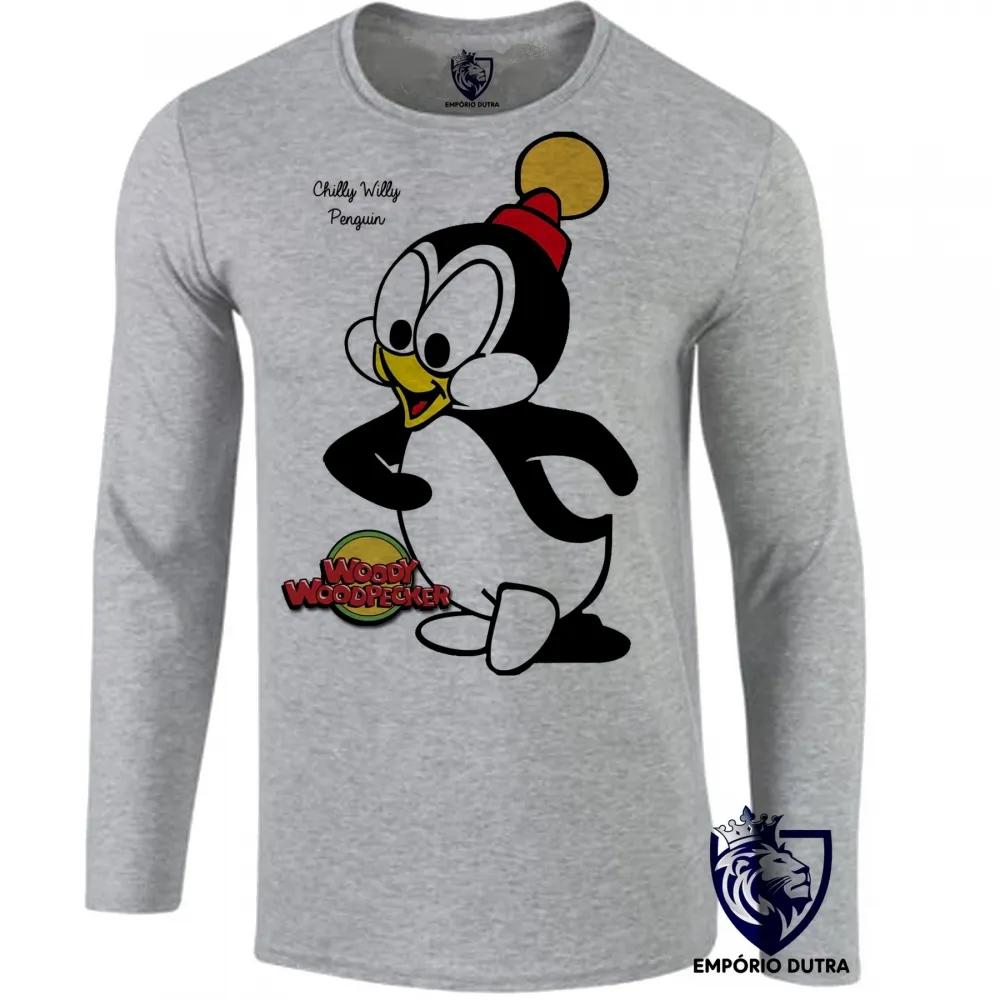 Camiseta manga longa Infantil ou Adulto Pica Pau Chilly willy Pinguim Imagem
