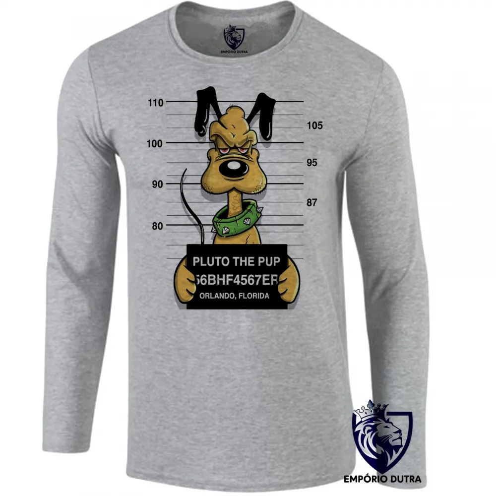 Camiseta manga longa Infantil ou Adulto Pluto disney preso prisão cachorro