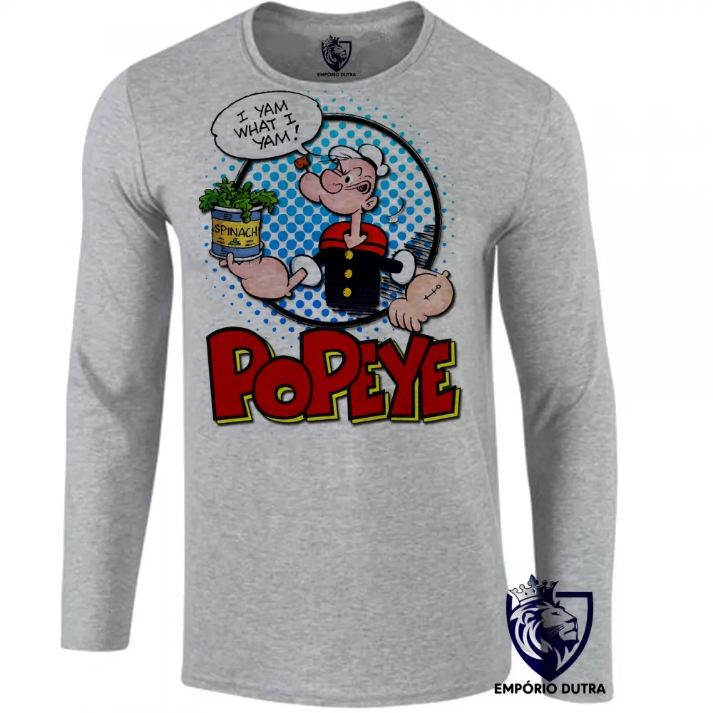 Camiseta manga longa Infantil ou Adulto Popeye espinafre lata redondo olivia