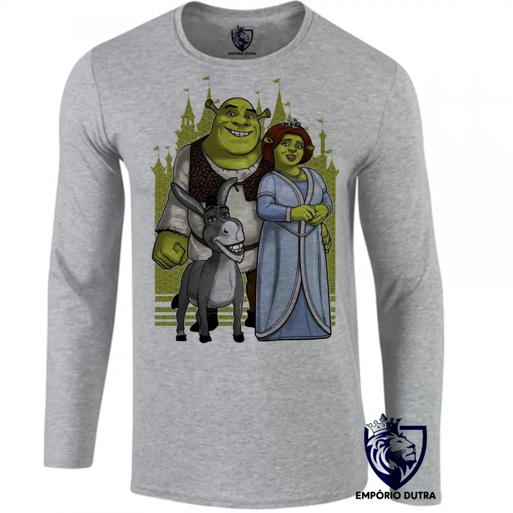 Camiseta manga longa Infantil ou Adulto Shrek fiona burro desenho