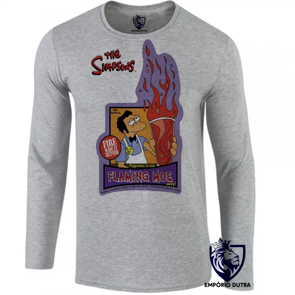 Camiseta manga longa Infantil ou Adulto simpsons moe bar cerveja homer fogo