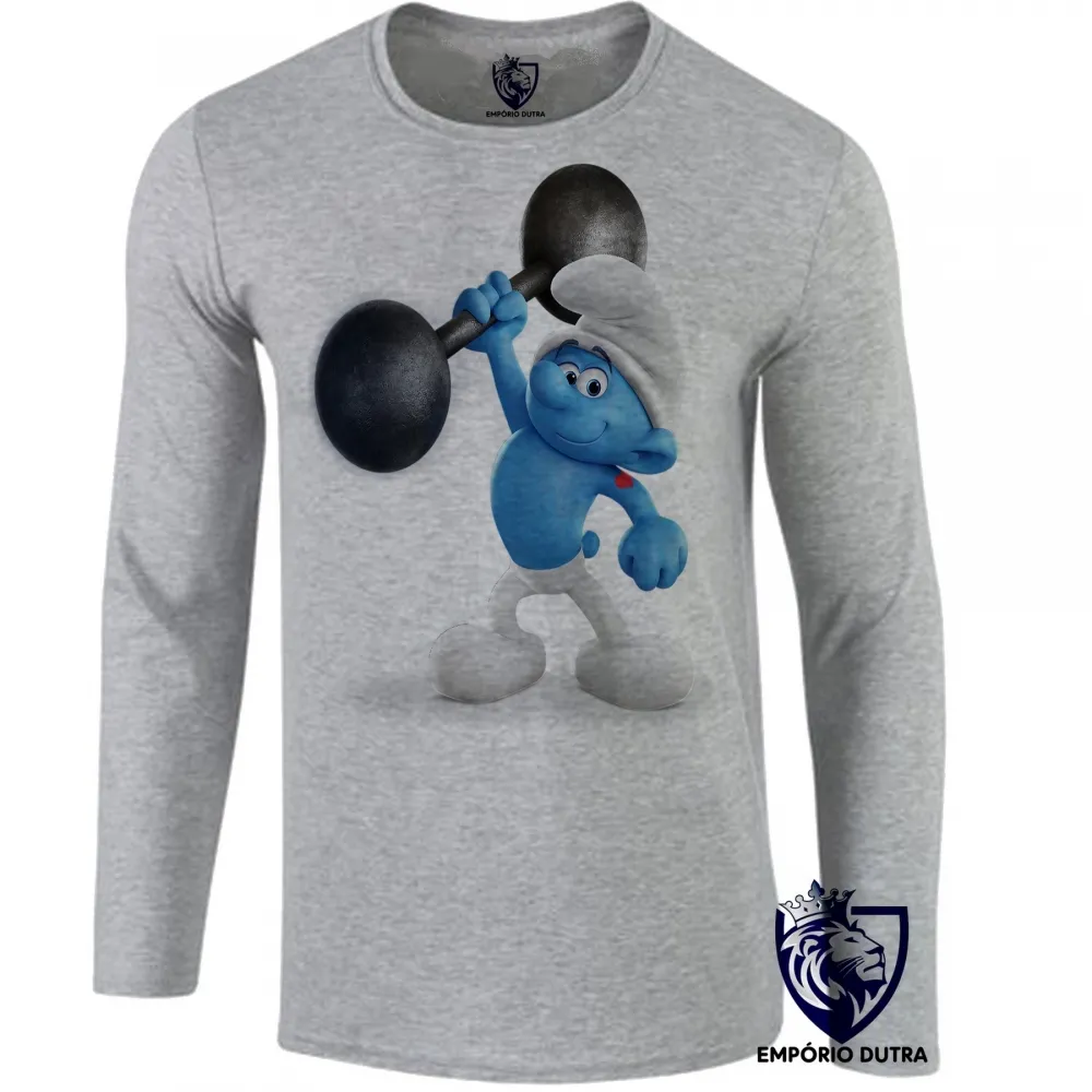 Camiseta manga longa Infantil ou Adulto smurf robusto smurfs musculação forte Imagem