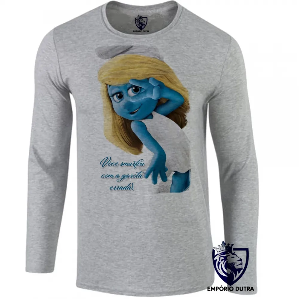 Camiseta manga longa Infantil ou Adulto Smurfette você smurfou smurfs azuis Imagem
