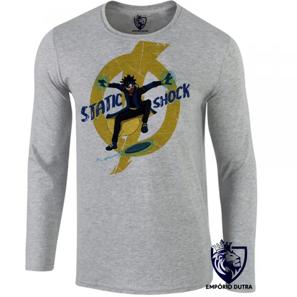 Camiseta manga longa Infantil ou Adulto super shock choque static desenho