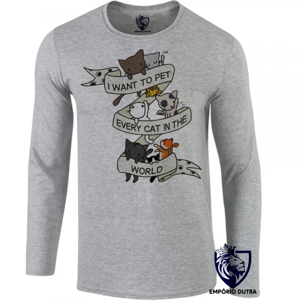 Camiseta manga longa Infantil ou Adulto Cat pet world gato gatinho felino Imagem
