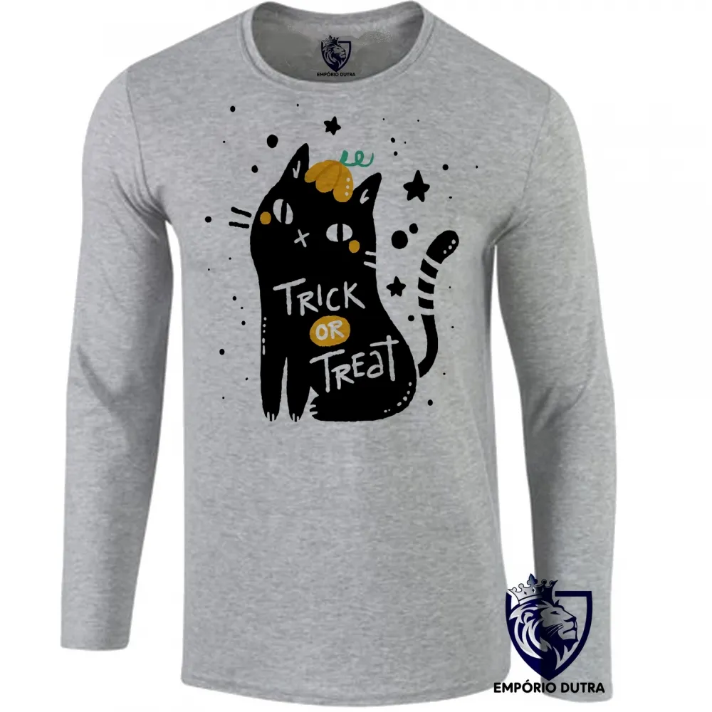 Camiseta manga longa Infantil ou Adulto Halloween Cat trick treat gato doce travessura