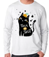 Camiseta manga longa Infantil ou Adulto Halloween Cat trick treat gato doce travessura - Foto 2