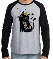 Camiseta manga longa Infantil ou Adulto Halloween Cat trick treat gato doce travessura - Foto 3
