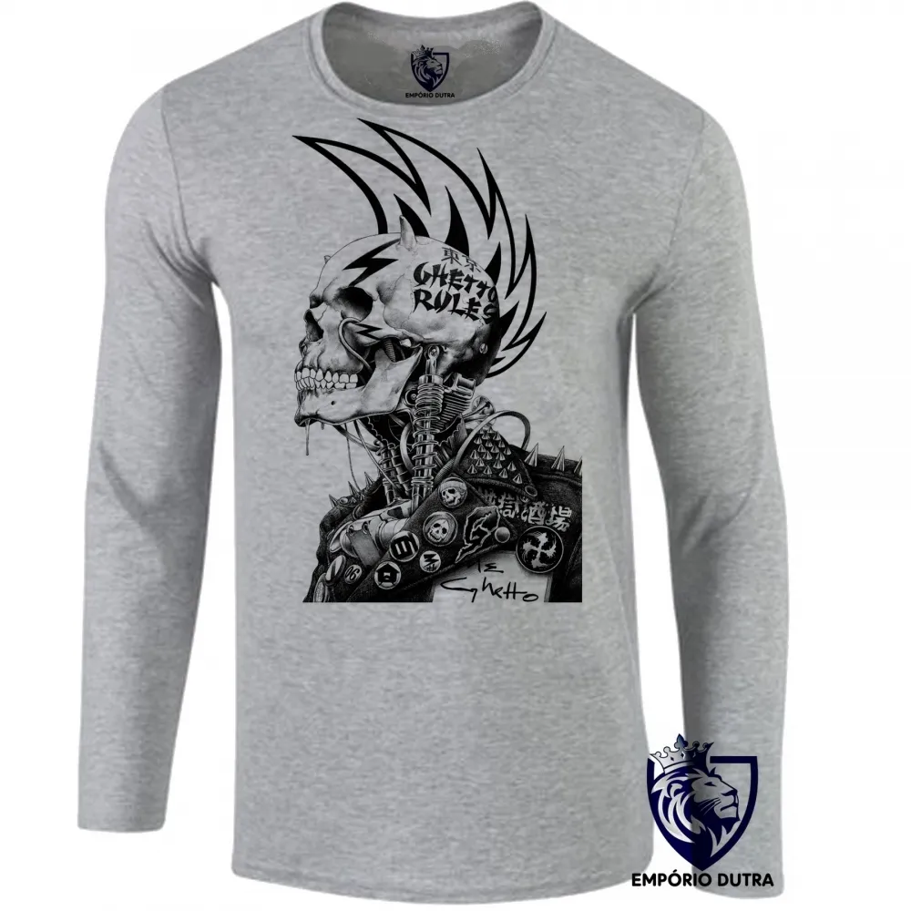 Camiseta manga longa Infantil ou Adulto Caveira guetto rules regras punk Imagem