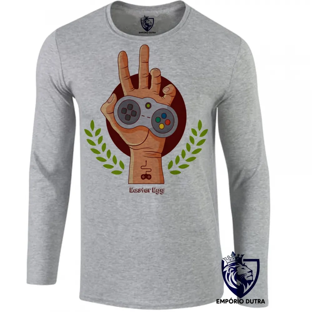 Camiseta manga longa Infantil ou Adulto Easter egg controle mão game nerd