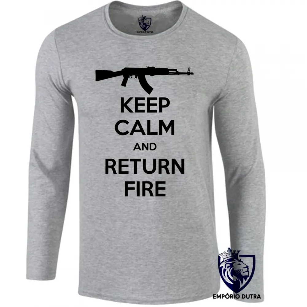 Camiseta manga longa Infantil ou Adulto Fuzil arma pistola ak 47 keep calm Imagem