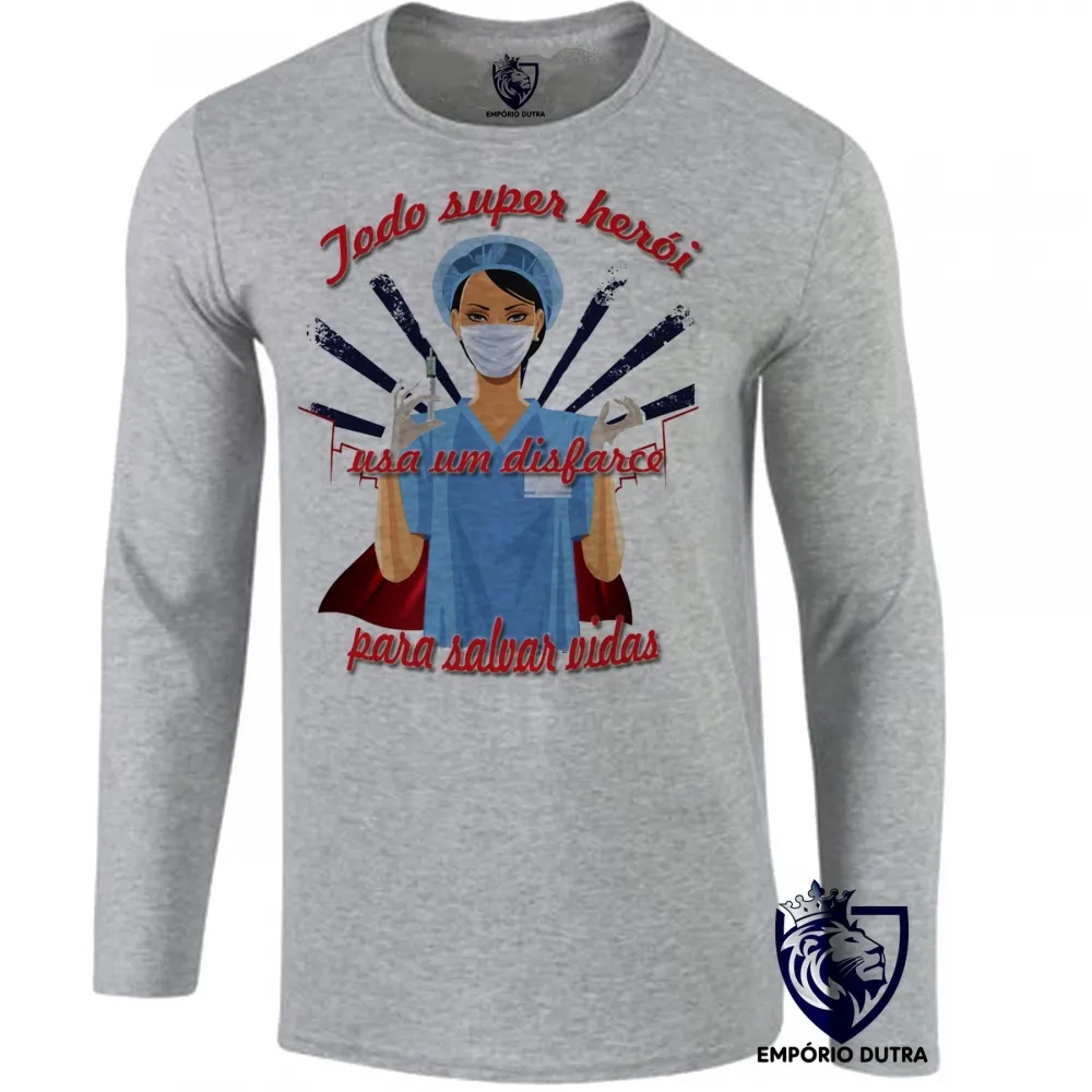 Camiseta manga longa Infantil ou Adulto enfermagem enfermeira super herói salvar vidas Imagem