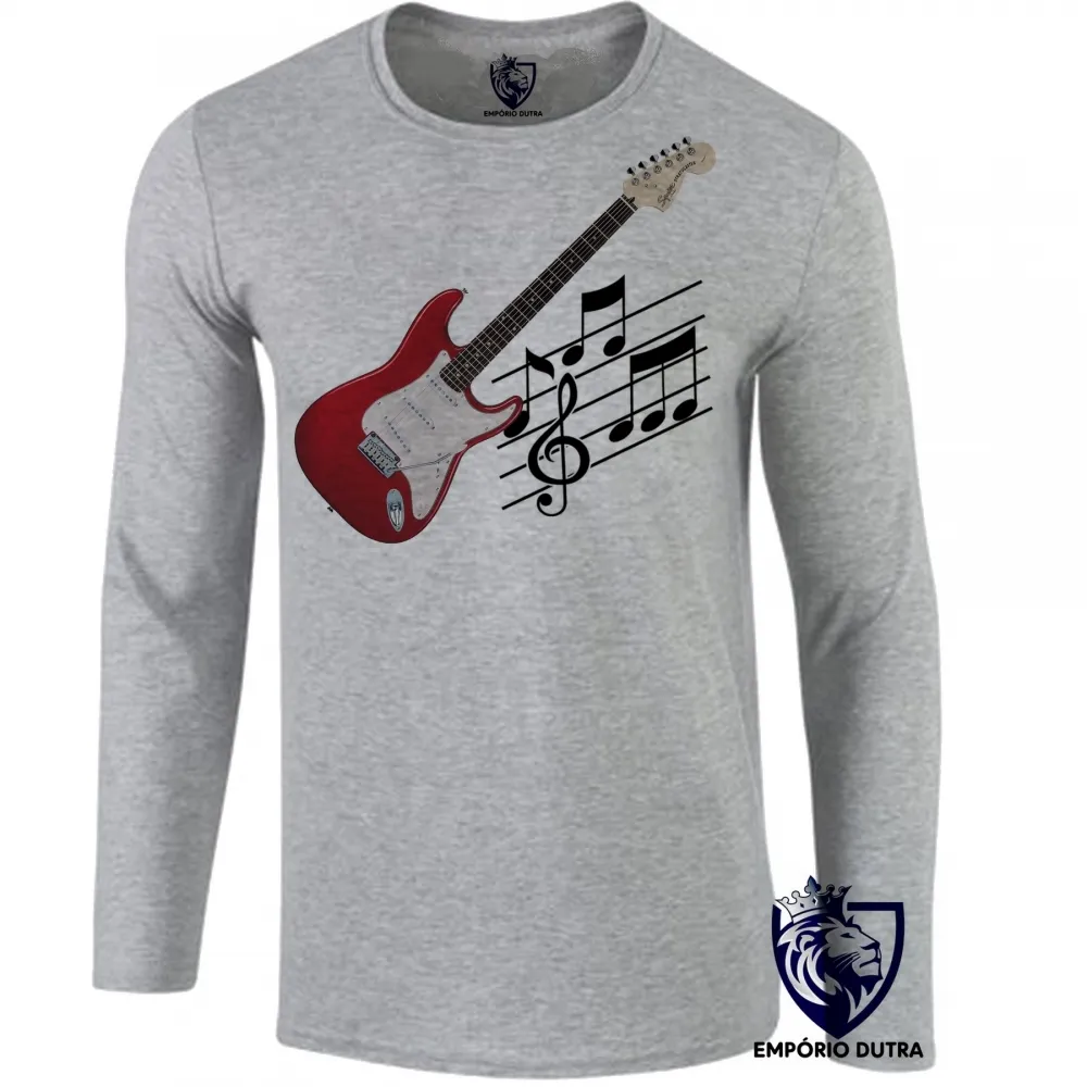 Camiseta manga longa Infantil ou Adulto Guitarra Musica Rock instrumento Imagem