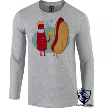 Camiseta manga longa Infantil ou Adulto High Five salsicha catchup hot dog