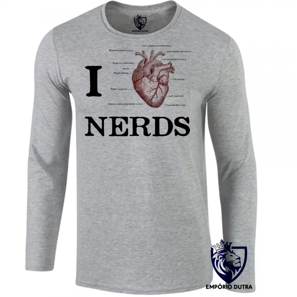 Camiseta manga longa Infantil ou Adulto I love nerds heart coração
